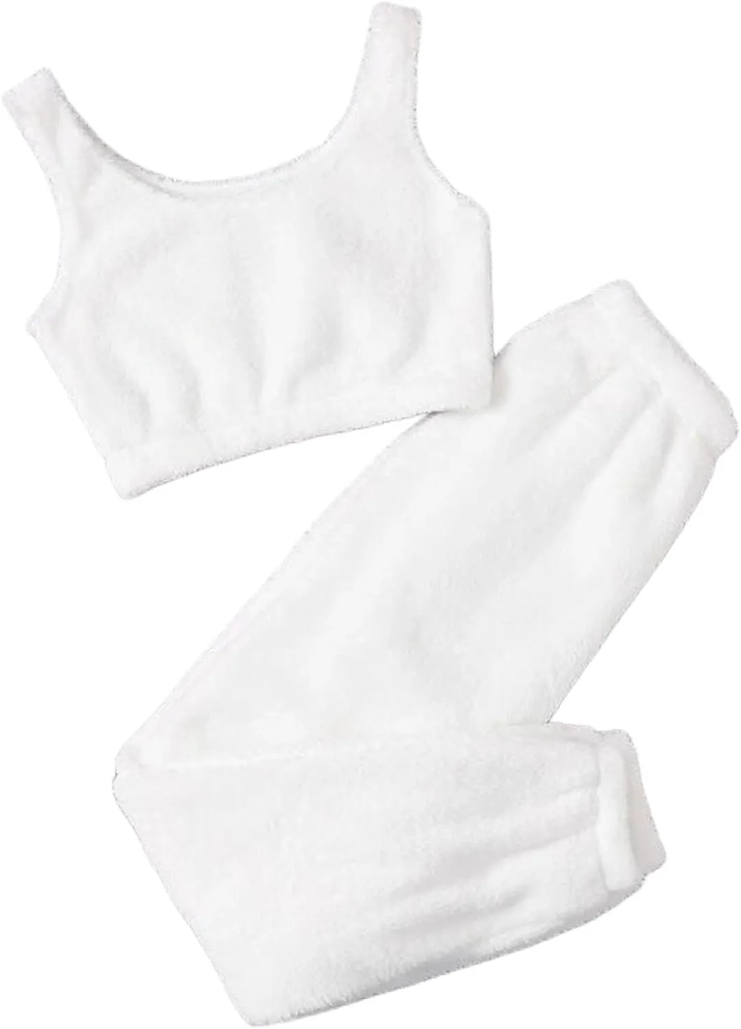Canbebig Women's Fuzzy 2 Piece Lounge Sets Crop Tank Tops Wide Leg Long Pants Outfits Pajamas Soft Sherpa Fluffy Sleepwear