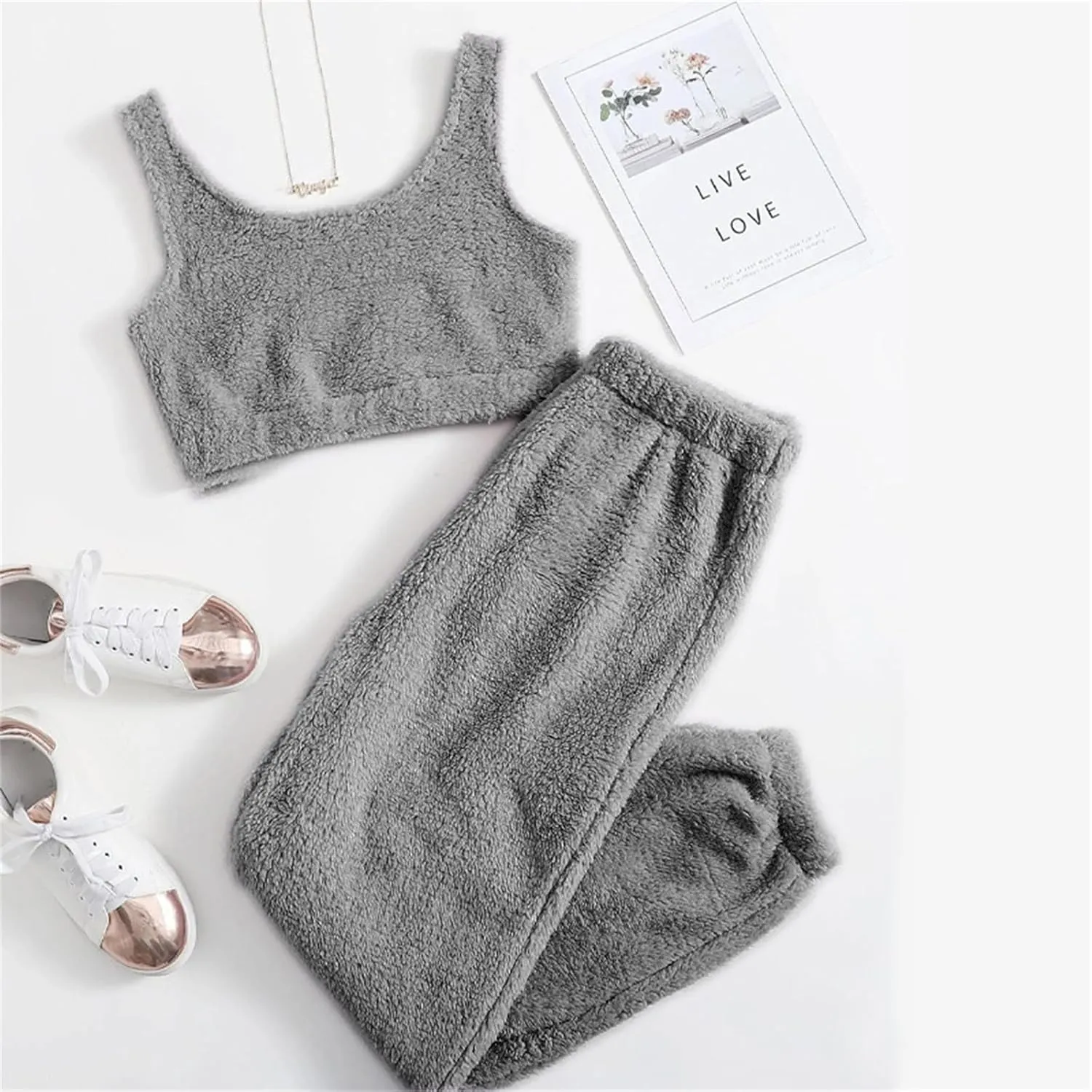 Canbebig Women's Fuzzy 2 Piece Lounge Sets Crop Tank Tops Wide Leg Long Pants Outfits Pajamas Soft Sherpa Fluffy Sleepwear
