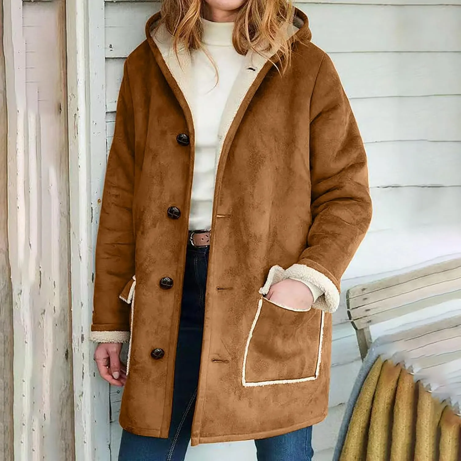 Canbebig Women's Retro Sherpa Lined Suede Leather Longline Coat Winter Warm Hooded Fleece Jacket Outerwear Overcoat Pockets