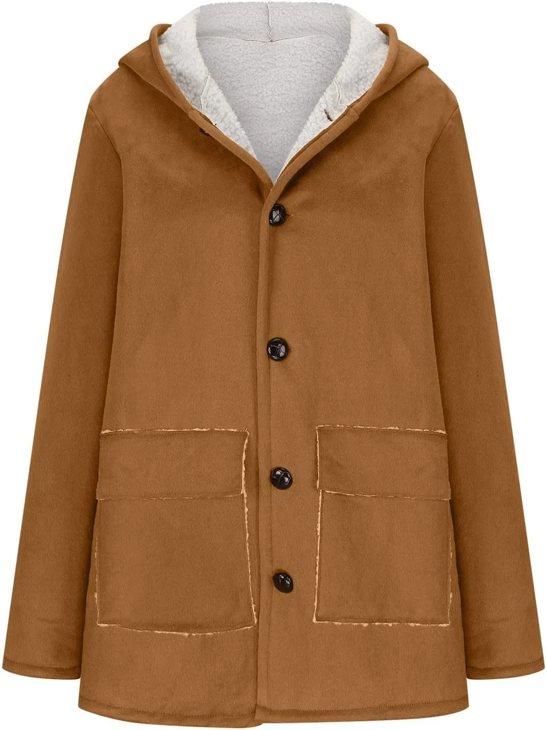 Canbebig Women's Retro Sherpa Lined Suede Leather Longline Coat Winter Warm Hooded Fleece Jacket Outerwear Overcoat Pockets