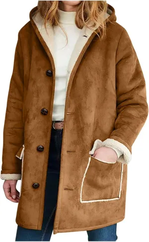 Canbebig Women's Retro Sherpa Lined Suede Leather Longline Coat Winter Warm Hooded Fleece Jacket Outerwear Overcoat Pockets