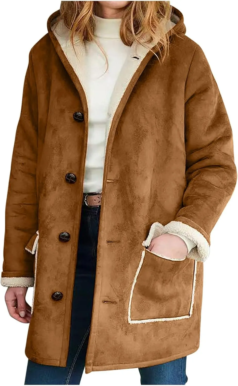 Canbebig Women's Retro Sherpa Lined Suede Leather Longline Coat Winter Warm Hooded Fleece Jacket Outerwear Overcoat Pockets