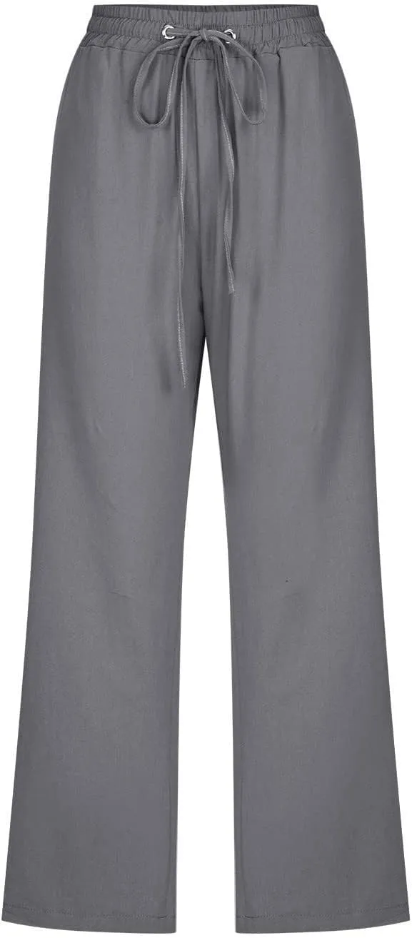 Capri Pants for Women Casual Summer Cotton Linen Pants Plus Size Drawstring Elastic High Waisted Capris with Pockets