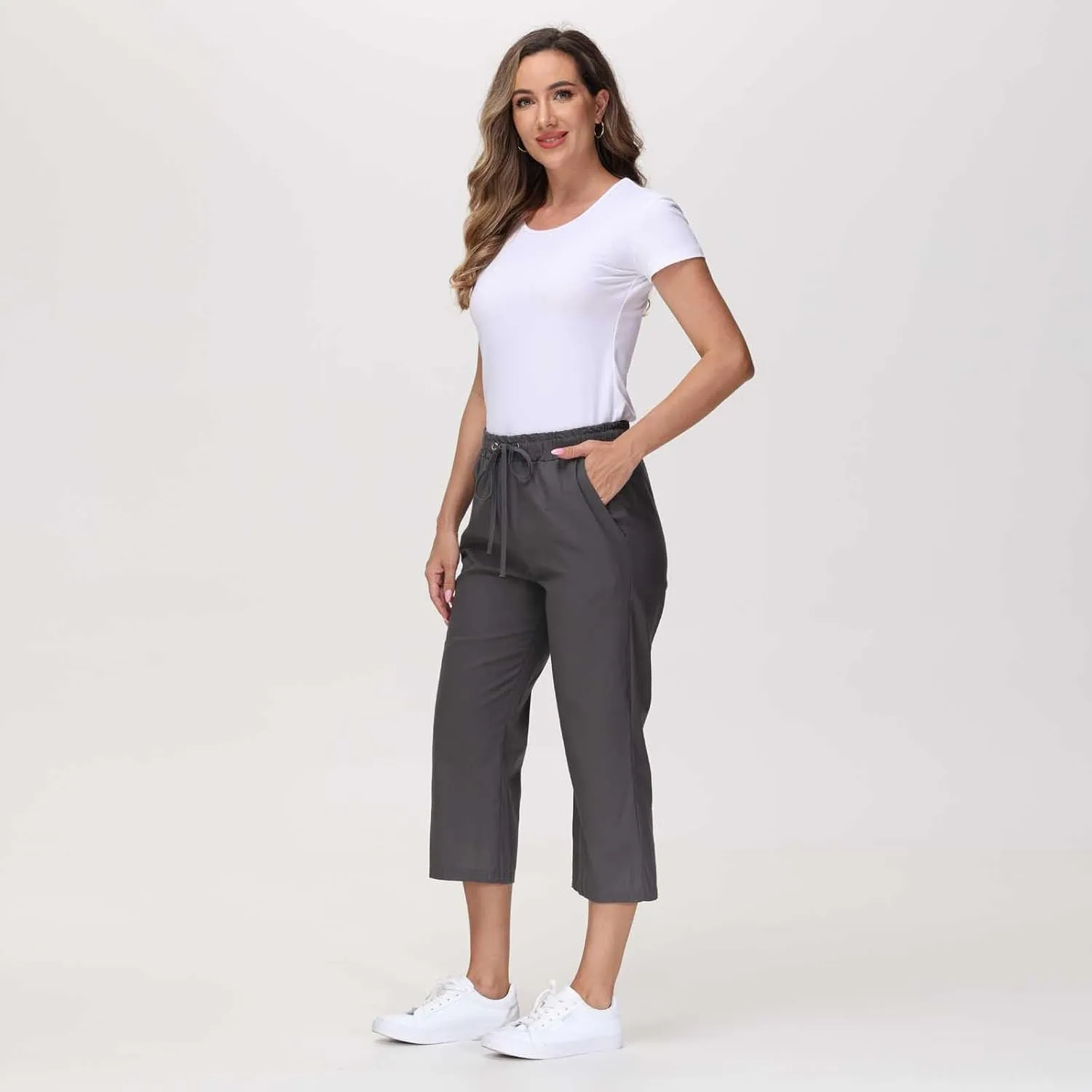 Capri Pants for Women Casual Summer Cotton Linen Pants Plus Size Drawstring Elastic High Waisted Capris with Pockets