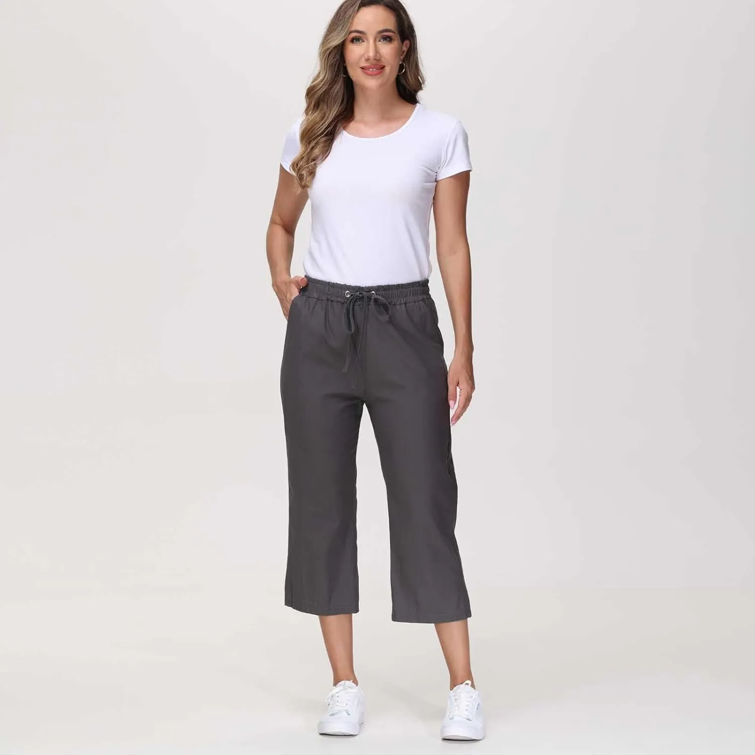 Capri Pants for Women Casual Summer Cotton Linen Pants Plus Size Drawstring Elastic High Waisted Capris with Pockets