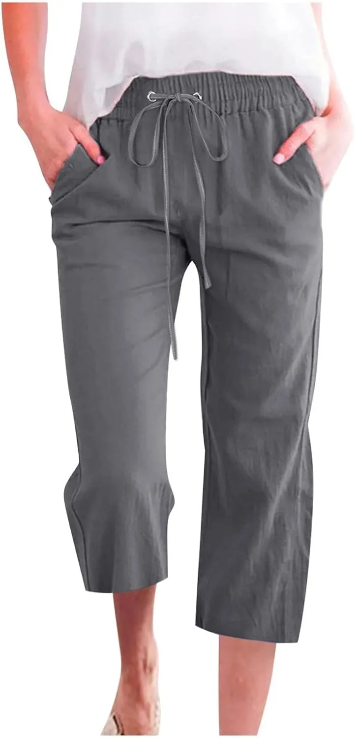 Capri Pants for Women Casual Summer Cotton Linen Pants Plus Size Drawstring Elastic High Waisted Capris with Pockets