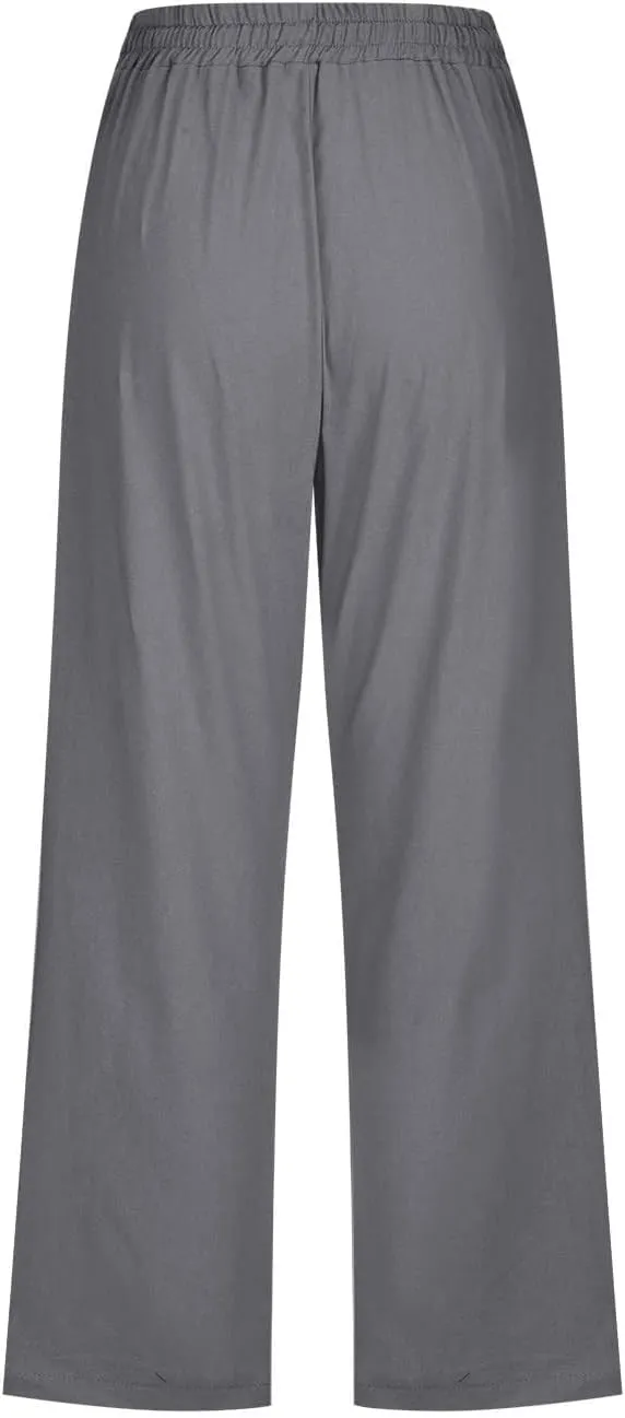 Capri Pants for Women Casual Summer Cotton Linen Pants Plus Size Drawstring Elastic High Waisted Capris with Pockets