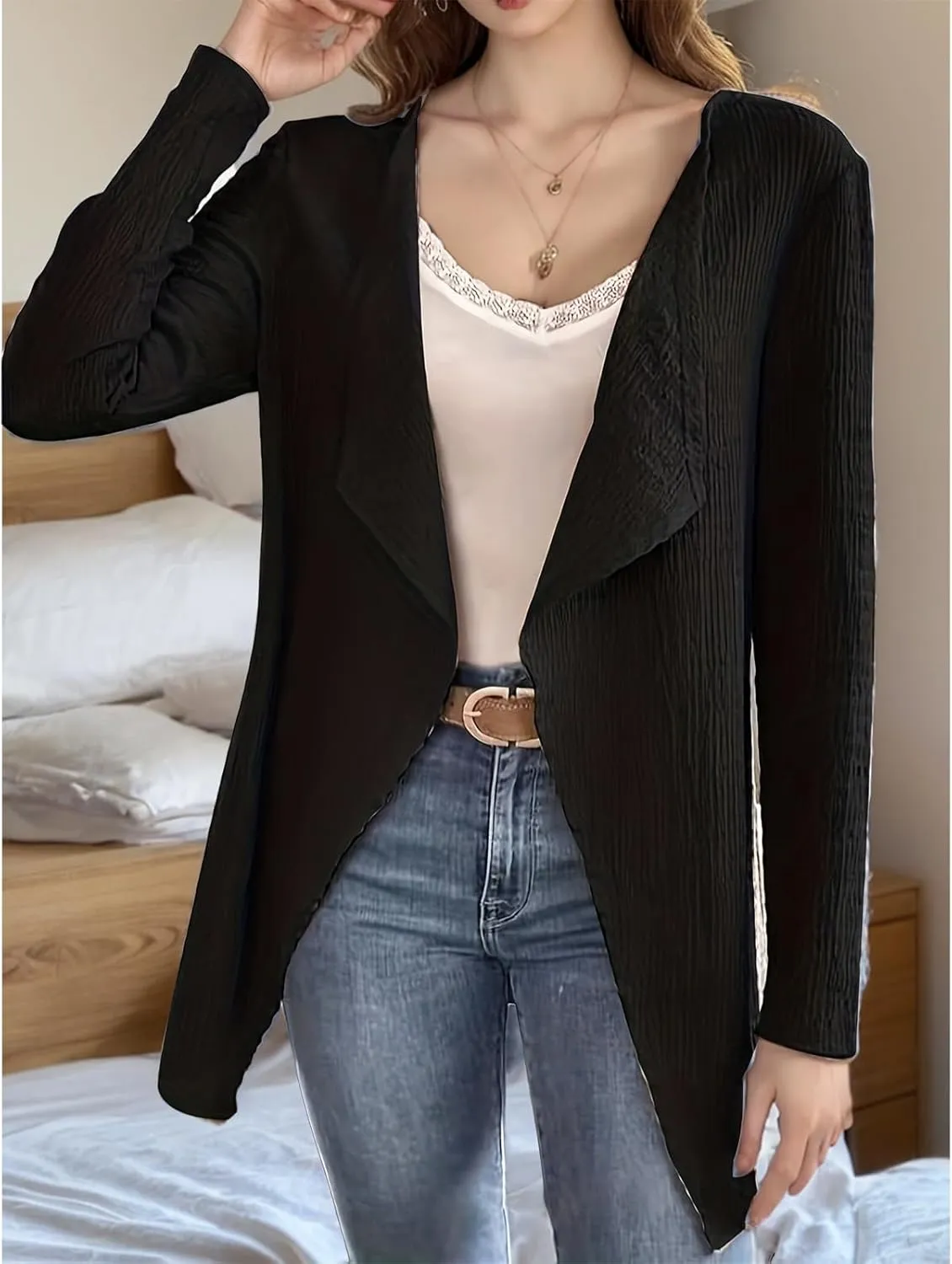 Cardigan for Women Open Front Lightweight Tops Casual Long Sleeve Outerwear Classic Pleated Textured Lapel Coat
