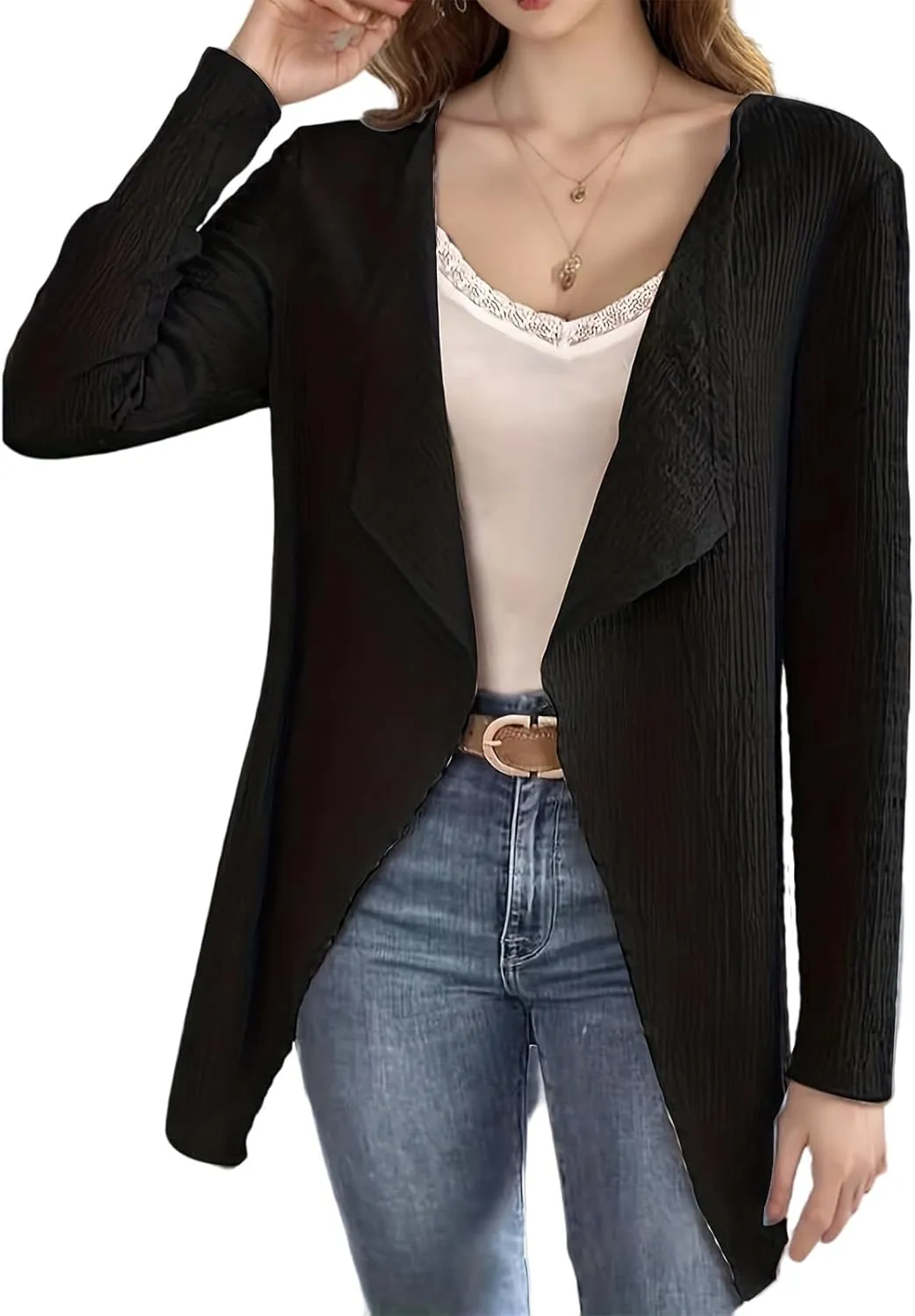 Cardigan for Women Open Front Lightweight Tops Casual Long Sleeve Outerwear Classic Pleated Textured Lapel Coat