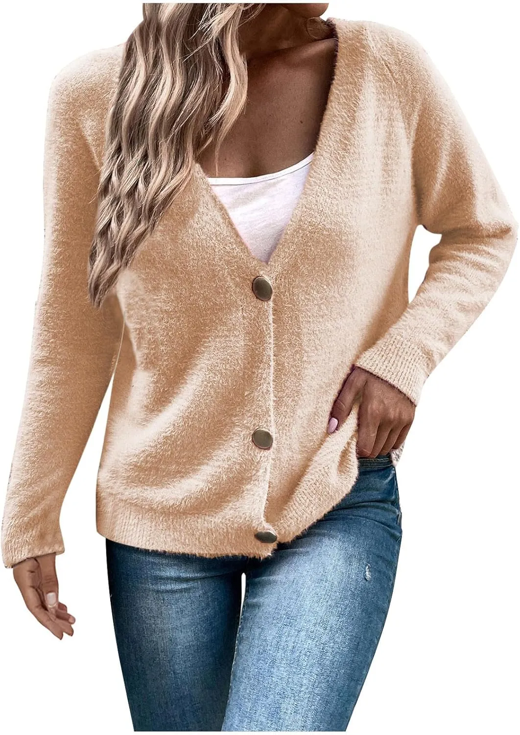Cashmere Sweaters for Women Winter Fuzzy Chunky Sweater Button Down V Neck Cardigan Cable Knit Sweaters Duster Jumper