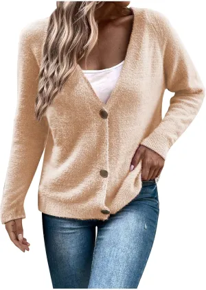 Cashmere Sweaters for Women Winter Fuzzy Chunky Sweater Button Down V Neck Cardigan Cable Knit Sweaters Duster Jumper