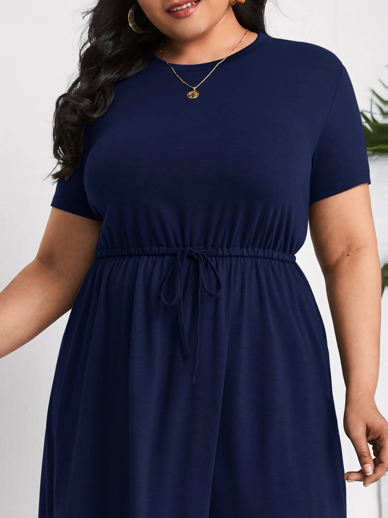 Casual Plain Drawstring Short Sleeve Round Neck Flared High Waist Long Plus Size Dress