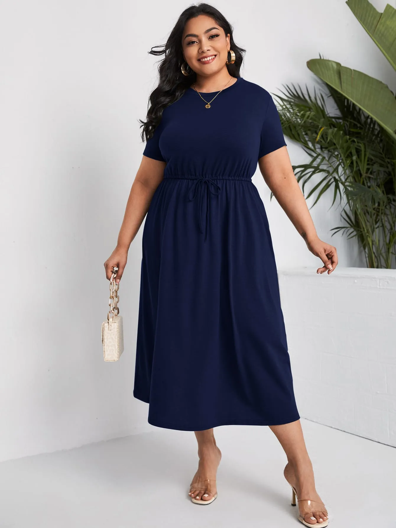 Casual Plain Drawstring Short Sleeve Round Neck Flared High Waist Long Plus Size Dress