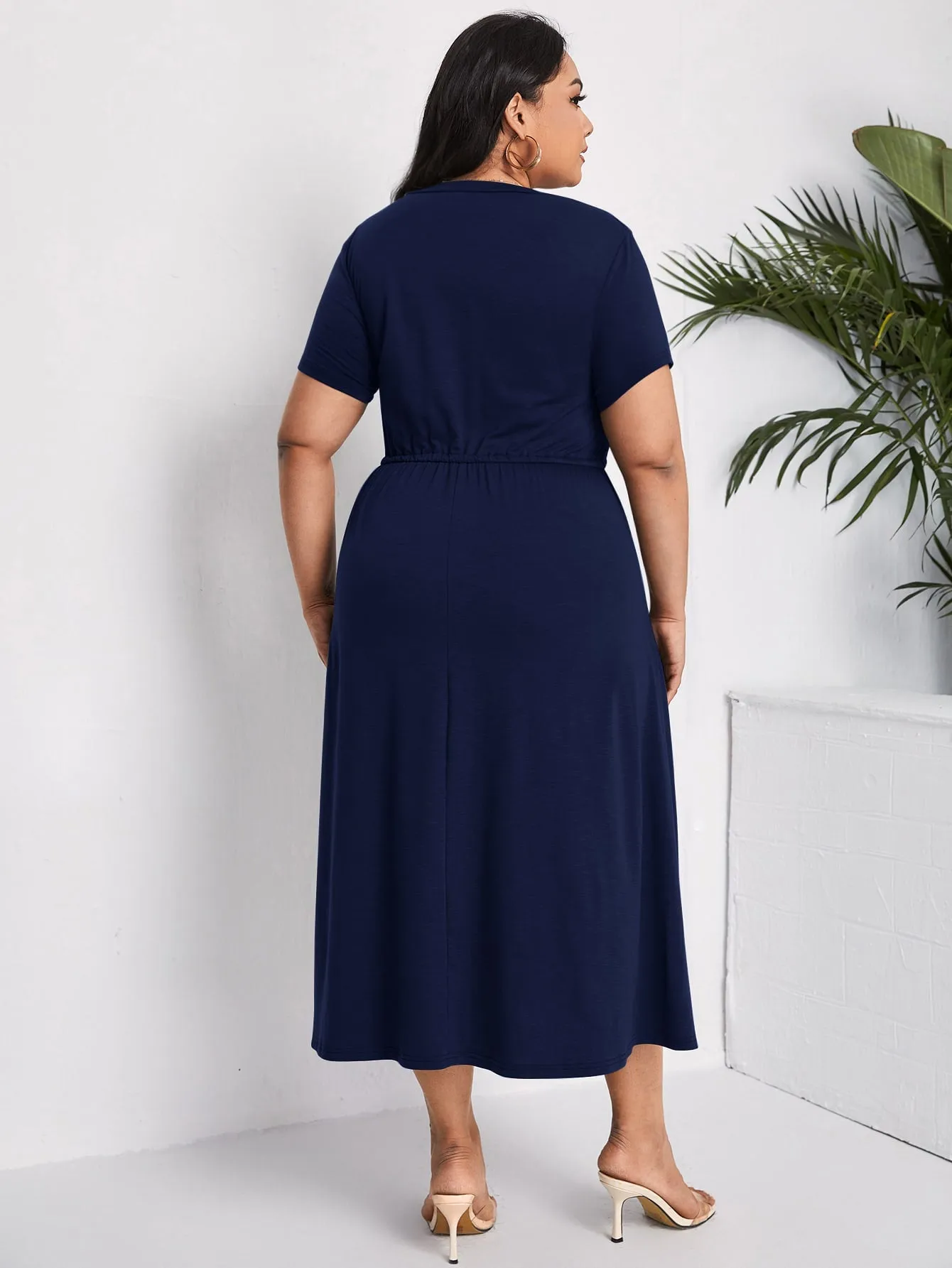 Casual Plain Drawstring Short Sleeve Round Neck Flared High Waist Long Plus Size Dress