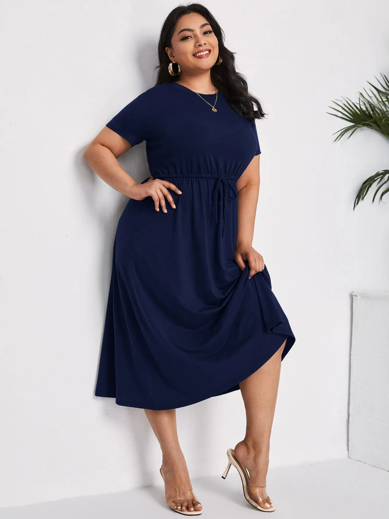Casual Plain Drawstring Short Sleeve Round Neck Flared High Waist Long Plus Size Dress