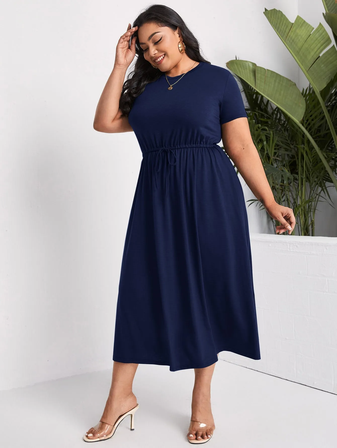 Casual Plain Drawstring Short Sleeve Round Neck Flared High Waist Long Plus Size Dress