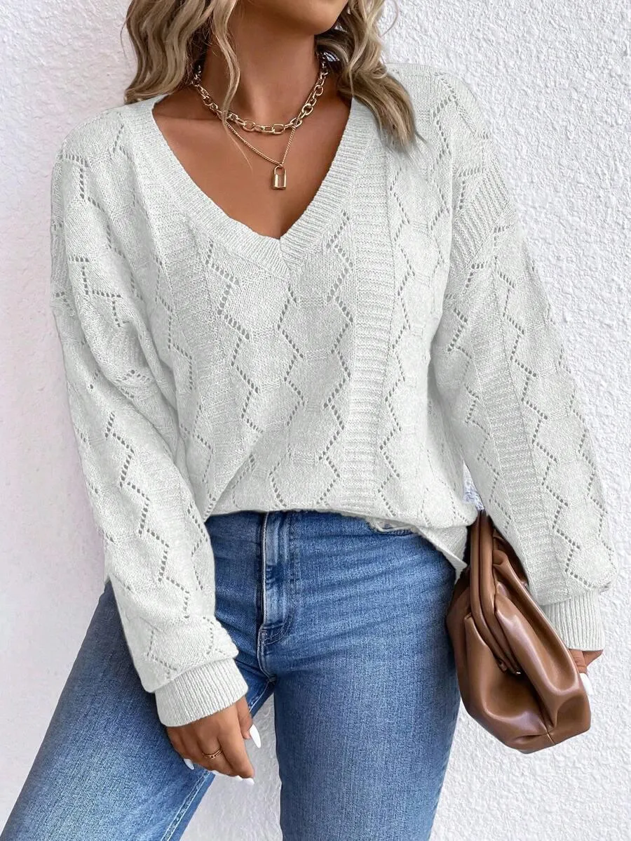 Casual Pointelle Knit Long Sleeve Sweater