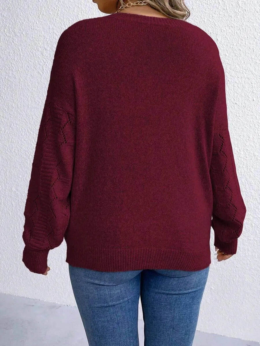 Casual Pointelle Knit Long Sleeve Sweater