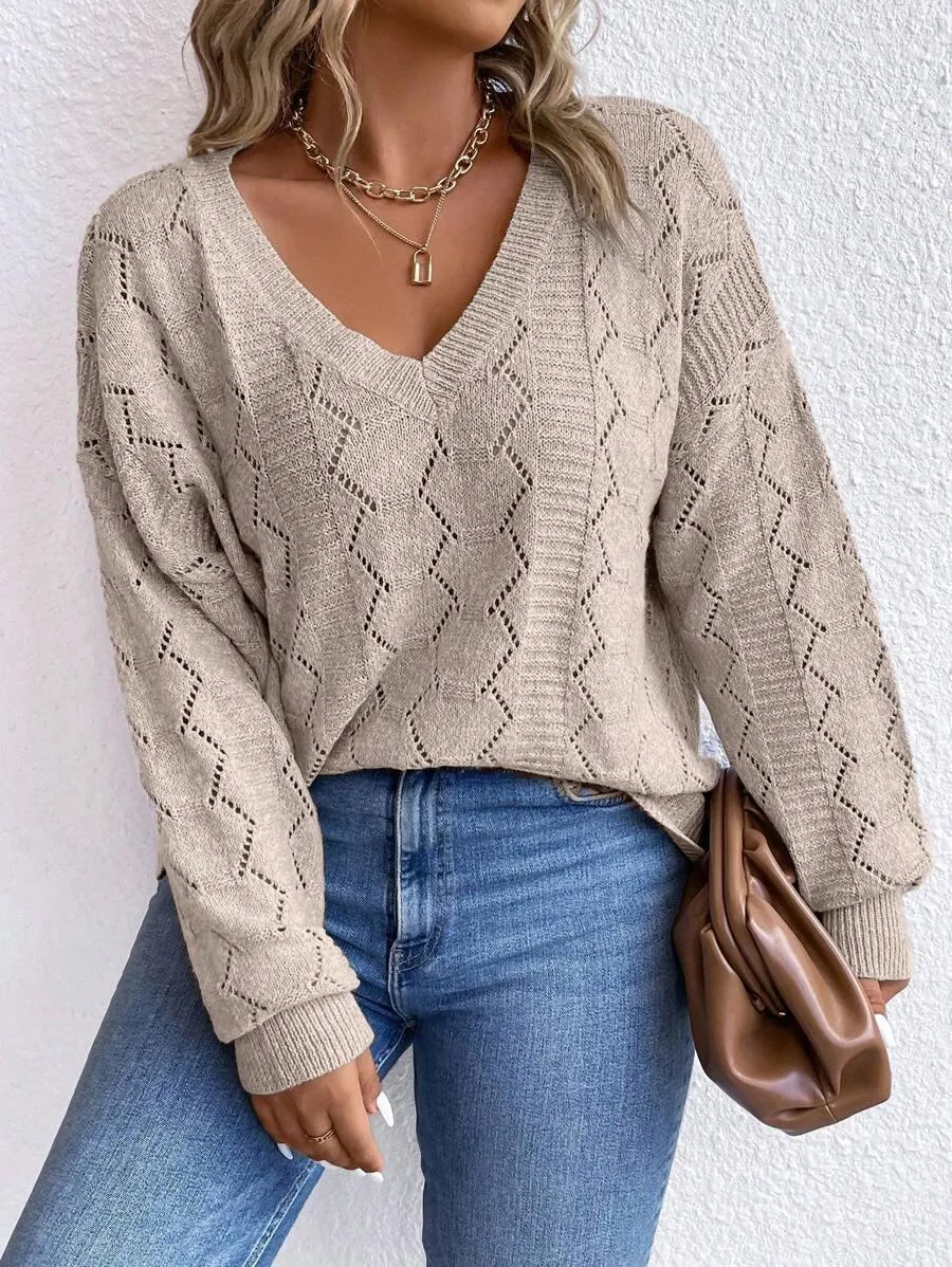 Casual Pointelle Knit Long Sleeve Sweater