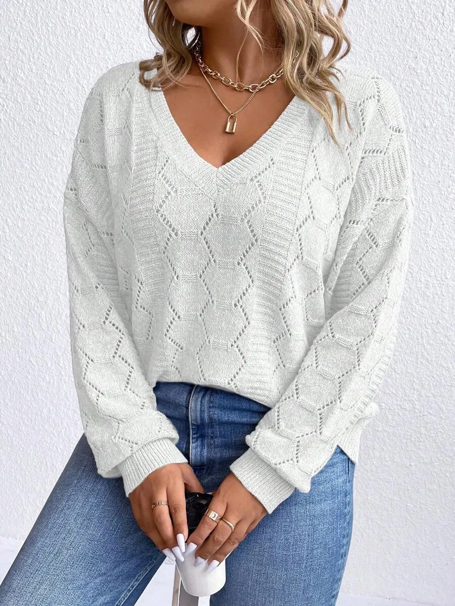 Casual Pointelle Knit Long Sleeve Sweater