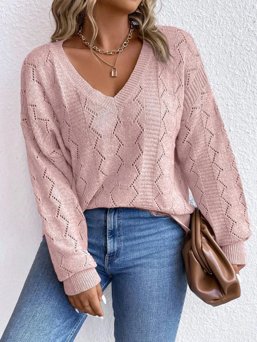 Casual Pointelle Knit Long Sleeve Sweater