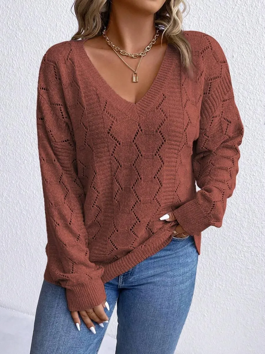 Casual Pointelle Knit Long Sleeve Sweater
