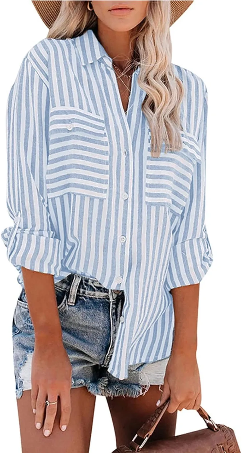 Casual Striped Button Down Shirts for Women Lapel Collar Long Sleeve Linen Blouse Tops Tee Loose Fit Ladies Shirts