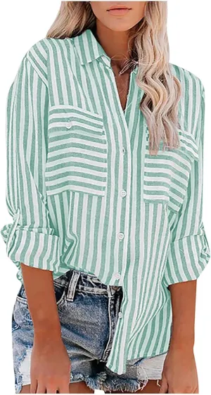 Casual Striped Button Down Shirts for Women Lapel Collar Long Sleeve Linen Blouse Tops Tee Loose Fit Ladies Shirts