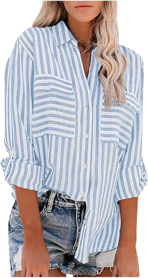 Casual Striped Button Down Shirts for Women Lapel Collar Long Sleeve Linen Blouse Tops Tee Loose Fit Ladies Shirts