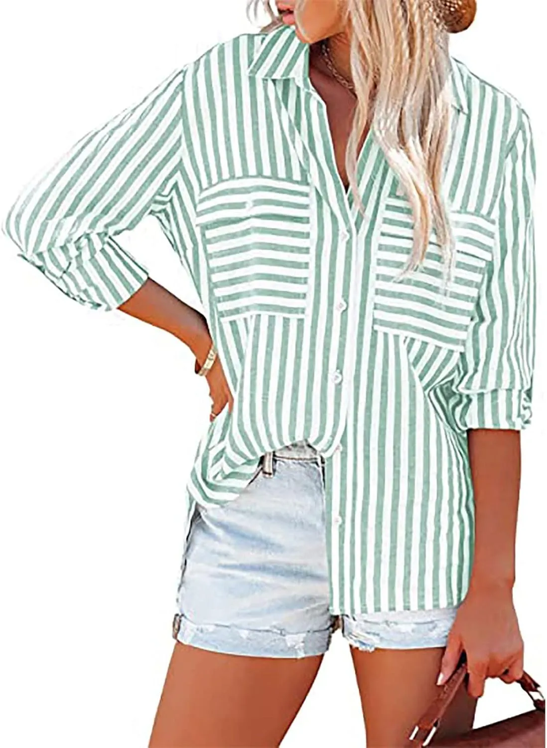 Casual Striped Button Down Shirts for Women Lapel Collar Long Sleeve Linen Blouse Tops Tee Loose Fit Ladies Shirts