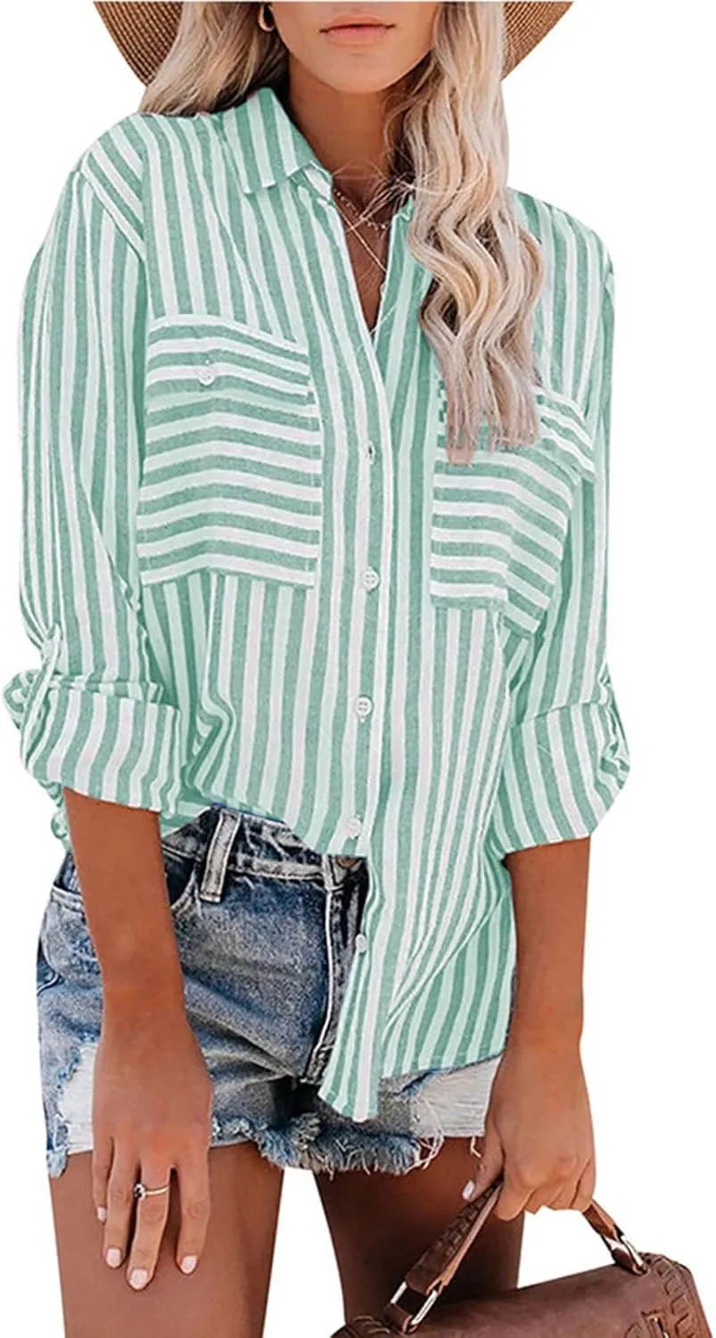 Casual Striped Button Down Shirts for Women Lapel Collar Long Sleeve Linen Blouse Tops Tee Loose Fit Ladies Shirts
