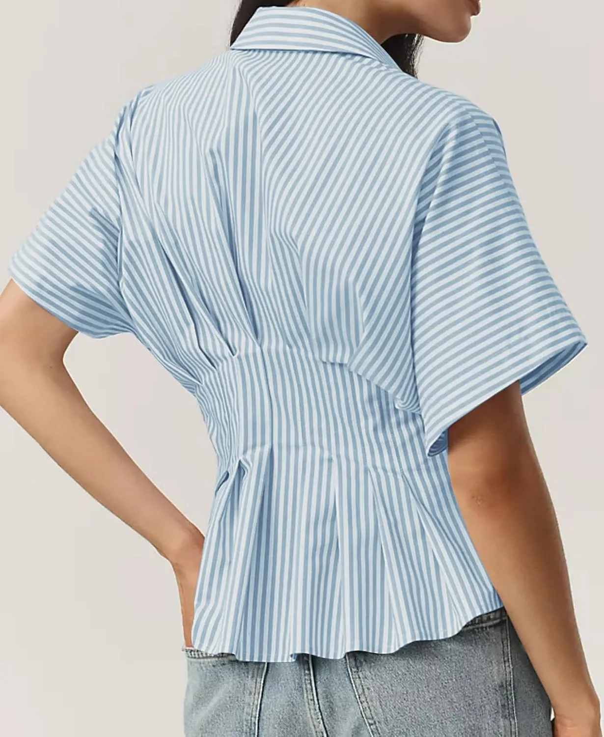Casual Striped Button Down Shirts for Women Lapel V Neck Pleated Short Sleeve Blouse Peplum Tops Business Work Tops