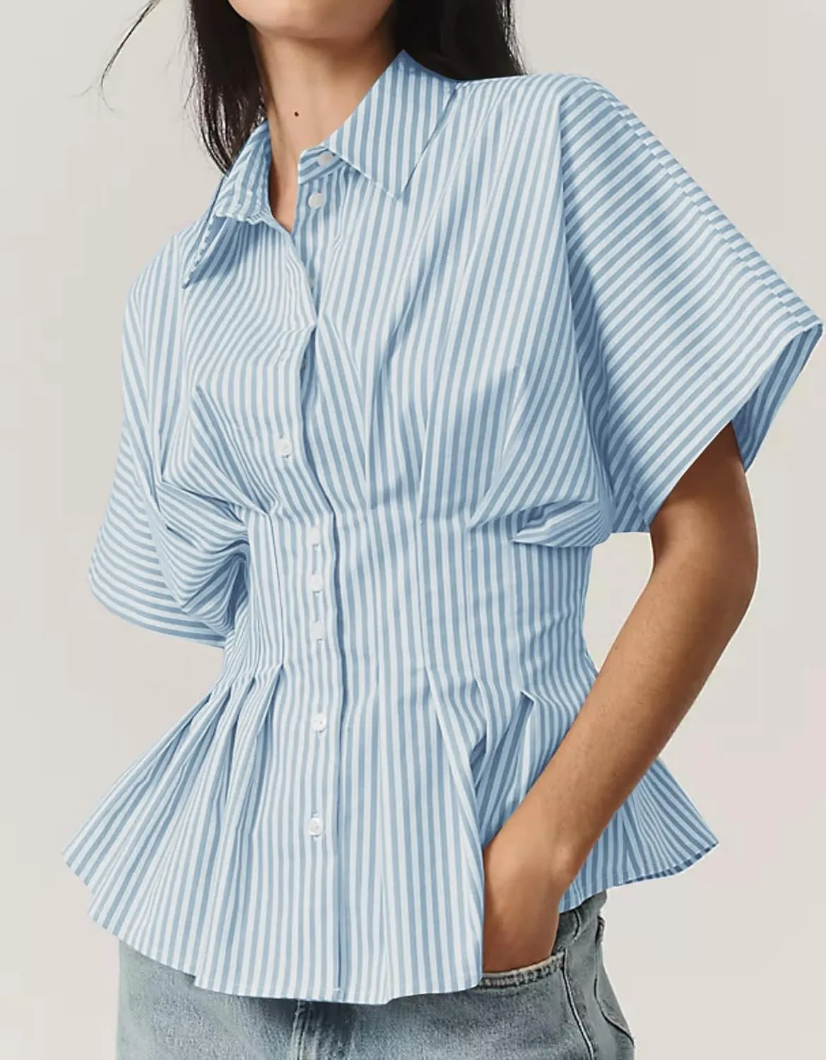 Casual Striped Button Down Shirts for Women Lapel V Neck Pleated Short Sleeve Blouse Peplum Tops Business Work Tops