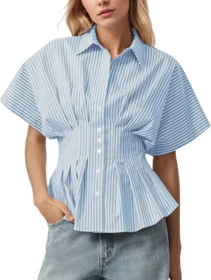 Casual Striped Button Down Shirts for Women Lapel V Neck Pleated Short Sleeve Blouse Peplum Tops Business Work Tops