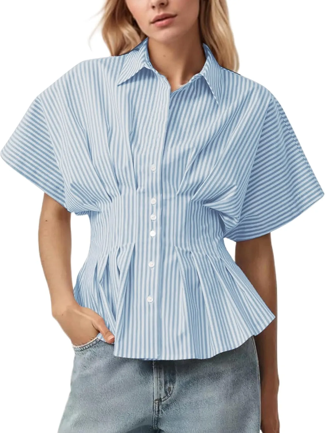 Casual Striped Button Down Shirts for Women Lapel V Neck Pleated Short Sleeve Blouse Peplum Tops Business Work Tops