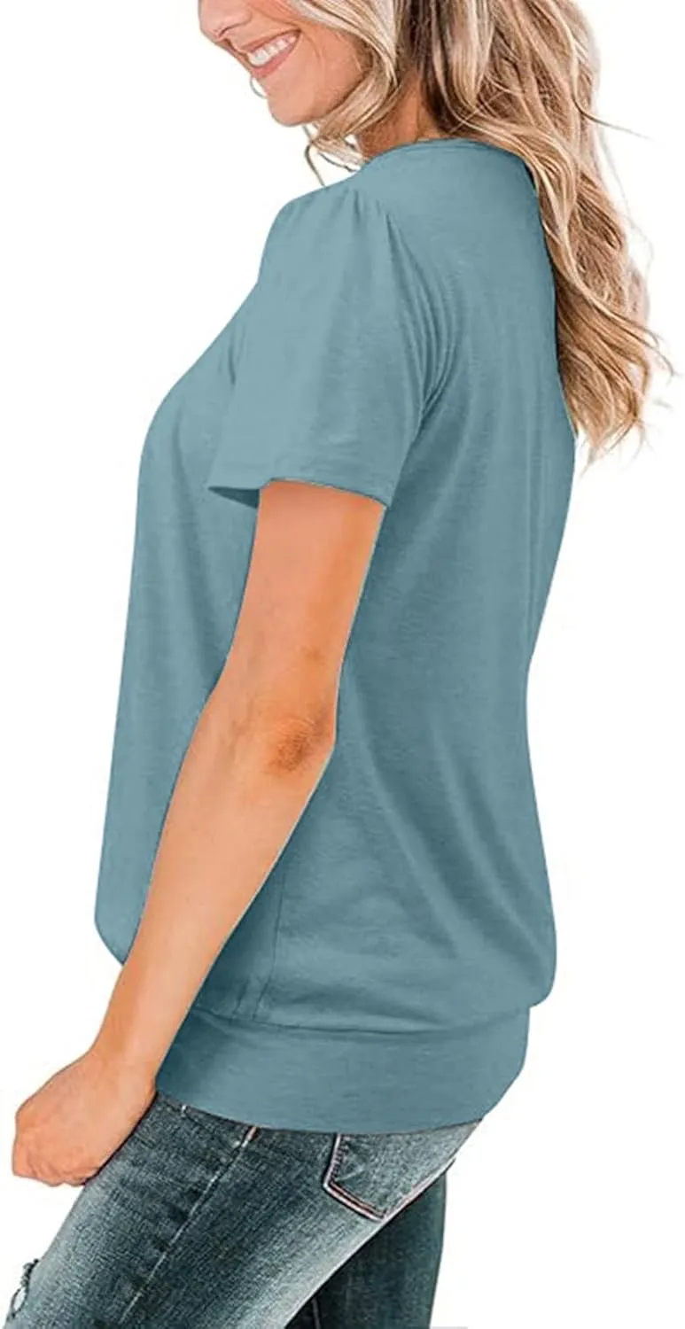 Casual Summer Tops for Women Trendy Dressy Short Sleeve Crewneck Blouses Work Business Pleated Front Tees Shirts