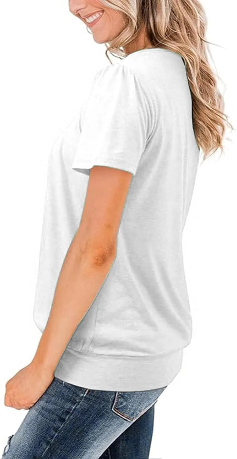Casual Summer Tops for Women Trendy Dressy Short Sleeve Crewneck Blouses Work Business Pleated Front Tees Shirts
