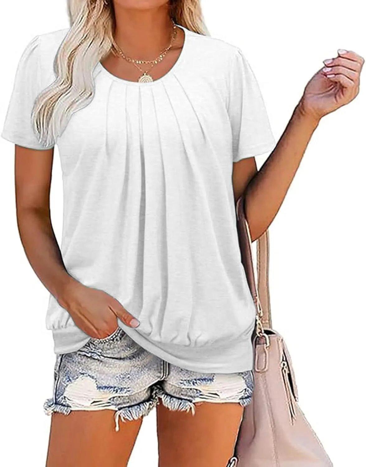 Casual Summer Tops for Women Trendy Dressy Short Sleeve Crewneck Blouses Work Business Pleated Front Tees Shirts