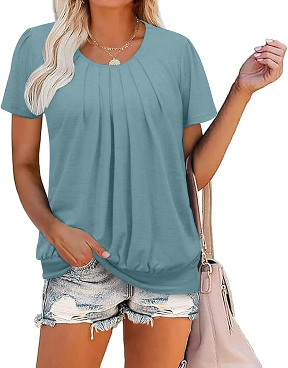 Casual Summer Tops for Women Trendy Dressy Short Sleeve Crewneck Blouses Work Business Pleated Front Tees Shirts