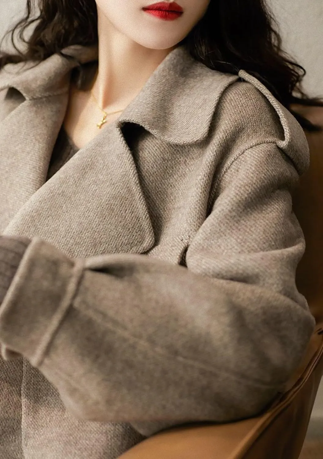 CHARTOU Womens Cropped Wool Jacket Blazer Notched Lapel 1 Pocket Casual Pea Coat Tweed Trench Coat Woolen Blend Overcoat