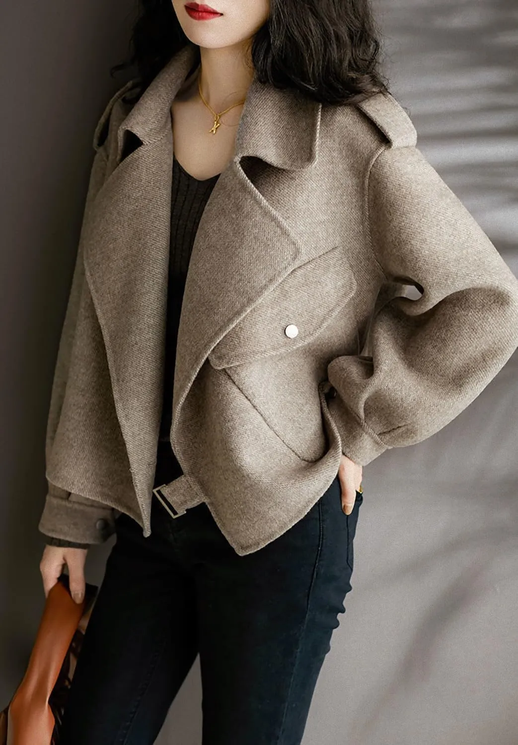 CHARTOU Womens Cropped Wool Jacket Blazer Notched Lapel 1 Pocket Casual Pea Coat Tweed Trench Coat Woolen Blend Overcoat