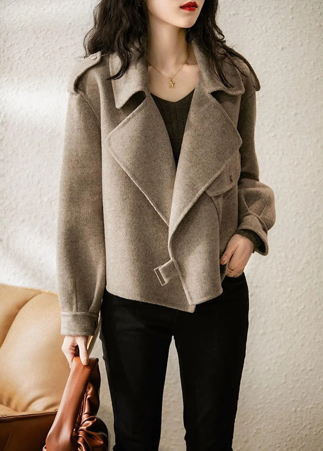 CHARTOU Womens Cropped Wool Jacket Blazer Notched Lapel 1 Pocket Casual Pea Coat Tweed Trench Coat Woolen Blend Overcoat