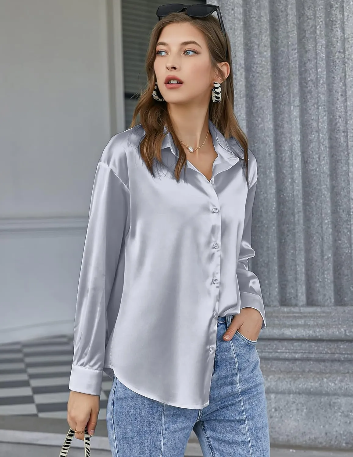 Chigant Women's Blouse Satin Silk Shirts Button Down Shirts Casual Loose Long Sleeve Office Work Tunic Tops