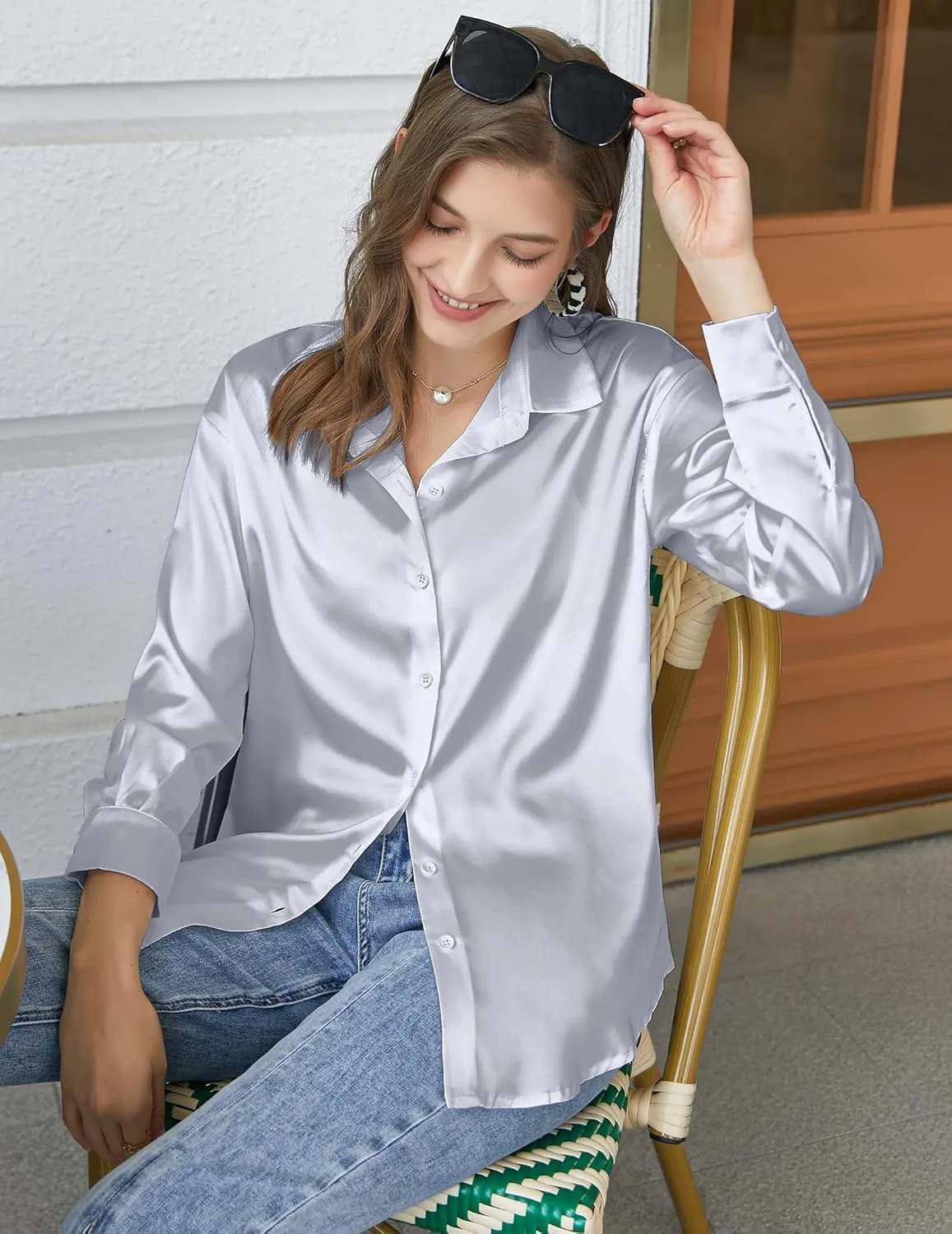 Chigant Women's Blouse Satin Silk Shirts Button Down Shirts Casual Loose Long Sleeve Office Work Tunic Tops