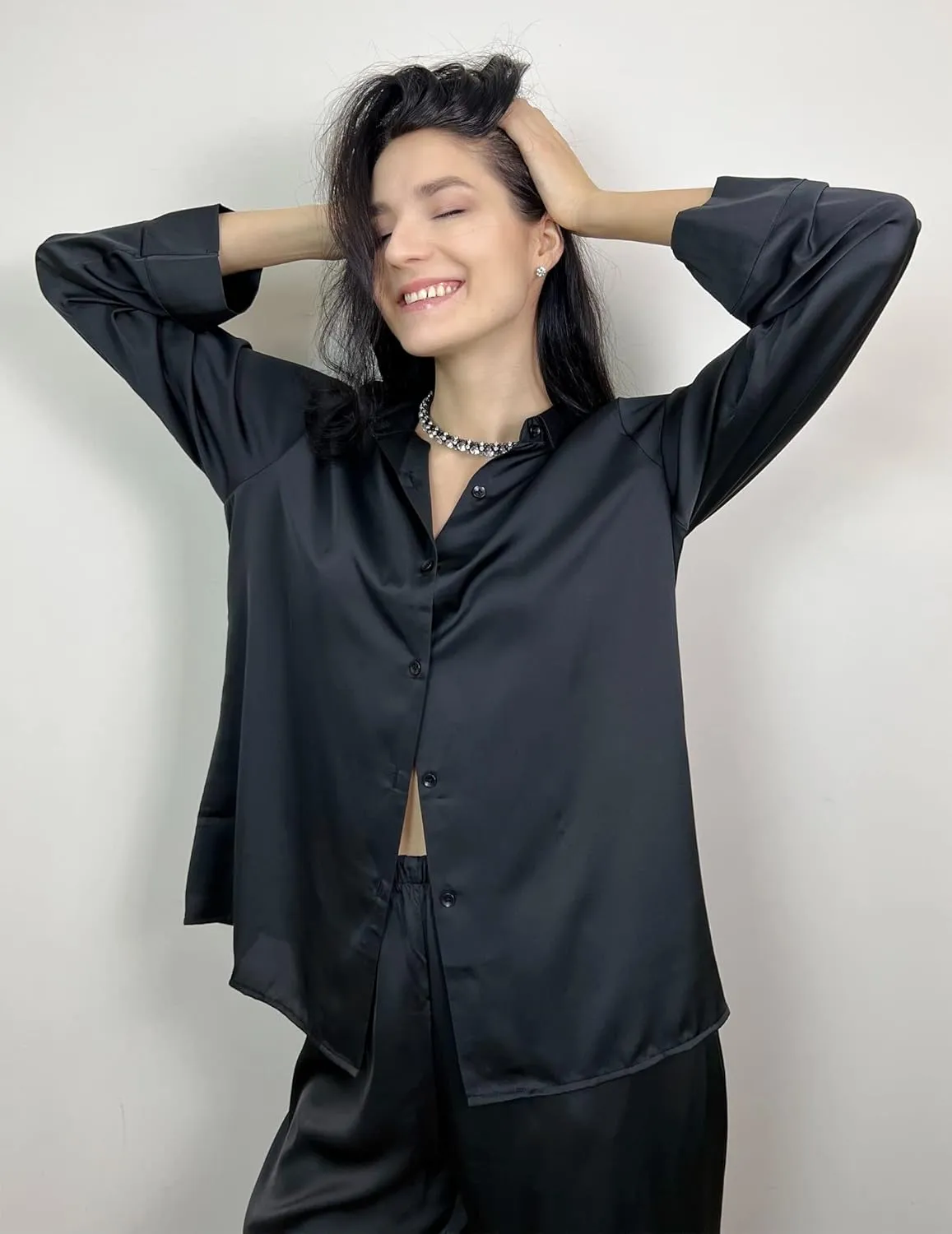 Chigant Women's Blouse Satin Silk Shirts Button Down Shirts Casual Loose Long Sleeve Office Work Tunic Tops