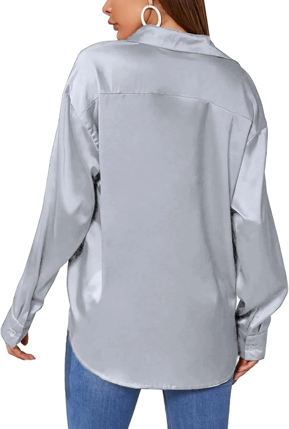 Chigant Women's Blouse Satin Silk Shirts Button Down Shirts Casual Loose Long Sleeve Office Work Tunic Tops
