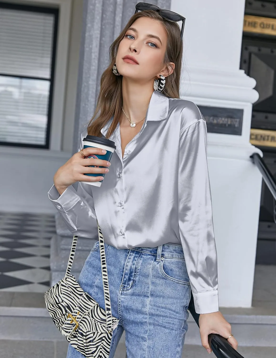 Chigant Women's Blouse Satin Silk Shirts Button Down Shirts Casual Loose Long Sleeve Office Work Tunic Tops