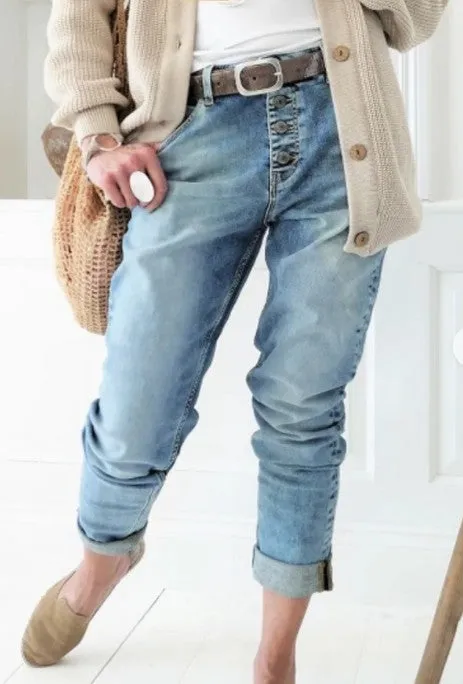 Classic Beaded Button Design Straight-leg Denim Jeans