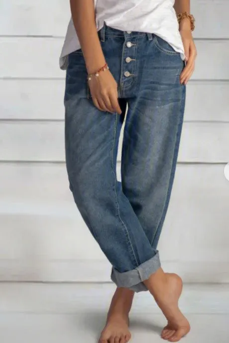 Classic Beaded Button Design Straight-leg Denim Jeans