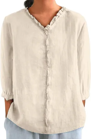 Collared Boho Linen Tops for Women 3/4 Sleeve Print Blouses Dressy Casual Vintage Graphic Shirts Loose Pullover Tops